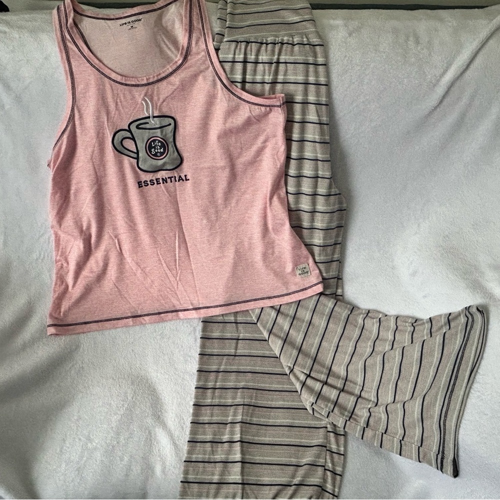 Life is Good Women’s Pink Coffee Graphic Tank & Striped Sleep Pants Pajama Set
